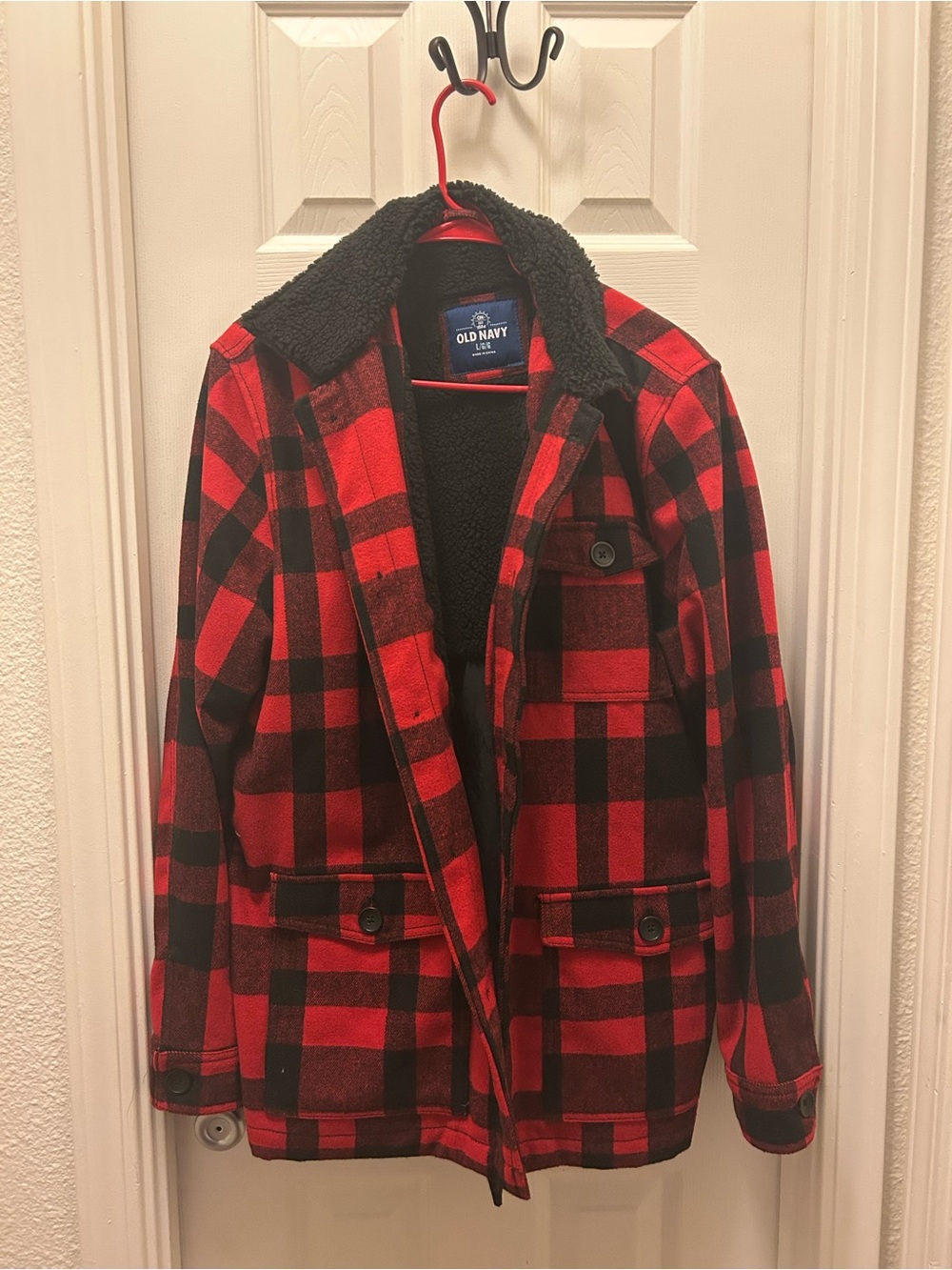 Old Navy Red and Black Buffalo Plaid Sherpa-Lined Field Jacket